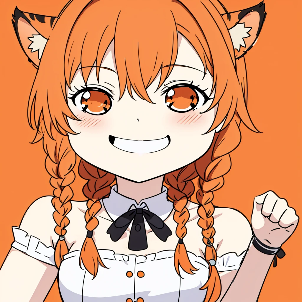 1girl,20 years old,tiger ears,long hair,(twin braids),orange hair,white background,open mouth,sketch,chibi,blush,smile,