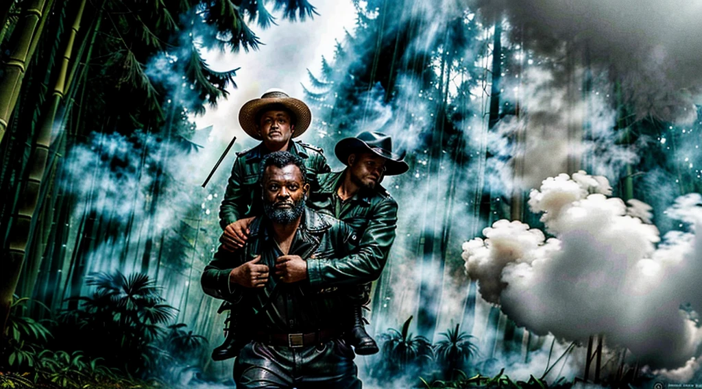The Captain of the Forest -- closed leather jacket, long pants and hunter's boots, with a straw hat, he is wounded and is carried on the shoulders of men = one on the left side, the other on the right side - - a lot of smoke - he is carried by two henchmen - a lot of smoke - the captain of the forest carried by henchmen gets up from the ground - leaving the forest in the background a bamboo grove