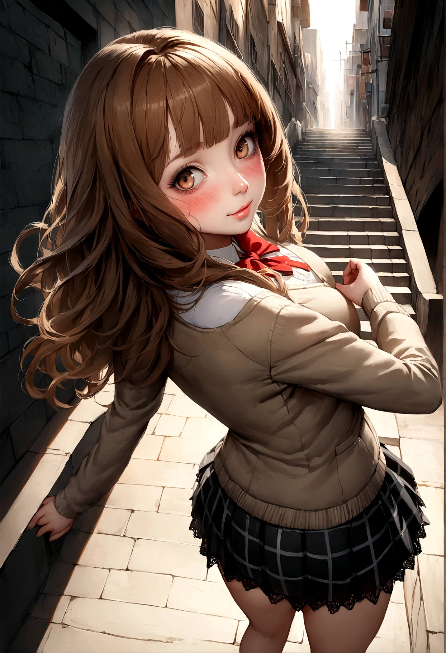 ((Tabletop, Highest quality, High resolution, Hmph, Pixel perfect, 4K, Hmph, Hmph))), One Girl, single, alone, Beauty、The whole body is visible、 ((Mid-wave hair, bangs, Brown Hair)), ((Brown eyes, Beautiful eyelashes, Realistic eyes)), ((Detailed face, Blushing:1.2)), ((Smooth texture:0.75, Realistic texture:0.65, Realistic:1.1, Anime CG Style)), Medium chest, Dynamic Angle, Perfect body, ((Red bow tie, , Black jacket, Open jacket, Brown cardigan, White shirt, Black Skirt, Checked skirt)), City stairs、Looking up from the bottom of the stairs、Very embarrassing panic smile, looked back、Leaning forward、(The wind blew up her skirt, exposing her buttocks.....................、Touch your buttocks with both hands、white floral lace panties)、
