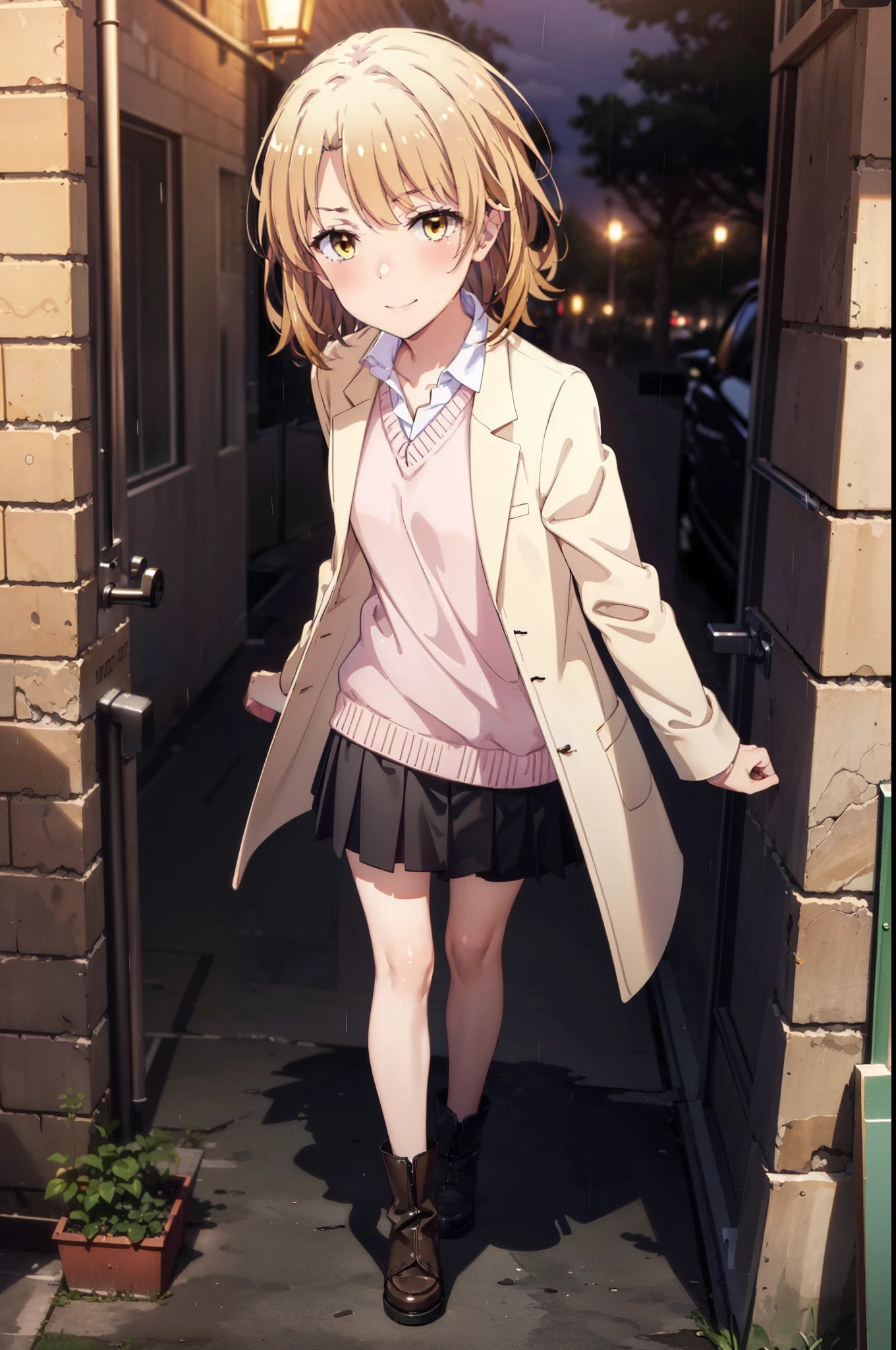 Irohaisshiki, isshiki iroha, short hair, Brown Hair, (Brown eyes:1.5), happy smile, smile, Close your mouth,blush,Pink oversized coat,V-neck shirt,mini skirt,Black pantyhose,short boots,Leaning against the wall,Hiding under a roof,rain,cloudy,whole bodyがイラストに入るように,
break outdoors, Building district,
break looking at viewer,whole body,
break (masterpiece:1.2), Highest quality, High resolution, unity 8k wallpaper, (figure:0.8), (Beautiful attention to detail:1.6), Highly detailed face, Perfect lighting, Highly detailed CG, (Perfect hands, Perfect Anatomy),