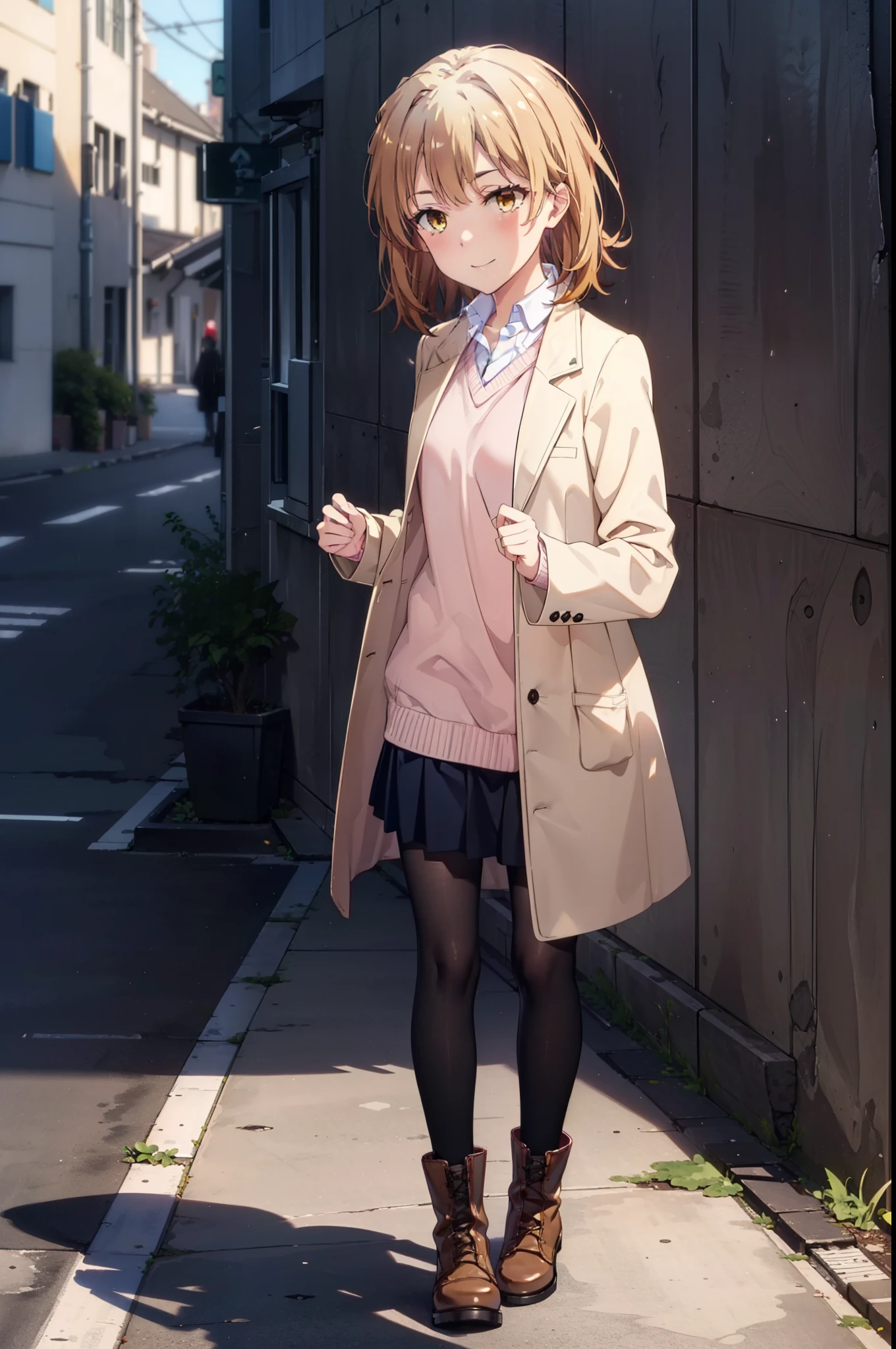 Irohaisshiki, isshiki iroha, short hair, Brown Hair, (Brown eyes:1.5), happy smile, smile, Close your mouth,blush,Pink oversized coat,V-neck shirt,mini skirt,Black pantyhose,short boots,Leaning against the wall,Hiding under a roof,rain,cloudy,whole bodyがイラストに入るように,
break outdoors, Building district,
break looking at viewer,whole body,
break (masterpiece:1.2), Highest quality, High resolution, unity 8k wallpaper, (figure:0.8), (Beautiful attention to detail:1.6), Highly detailed face, Perfect lighting, Highly detailed CG, (Perfect hands, Perfect Anatomy),