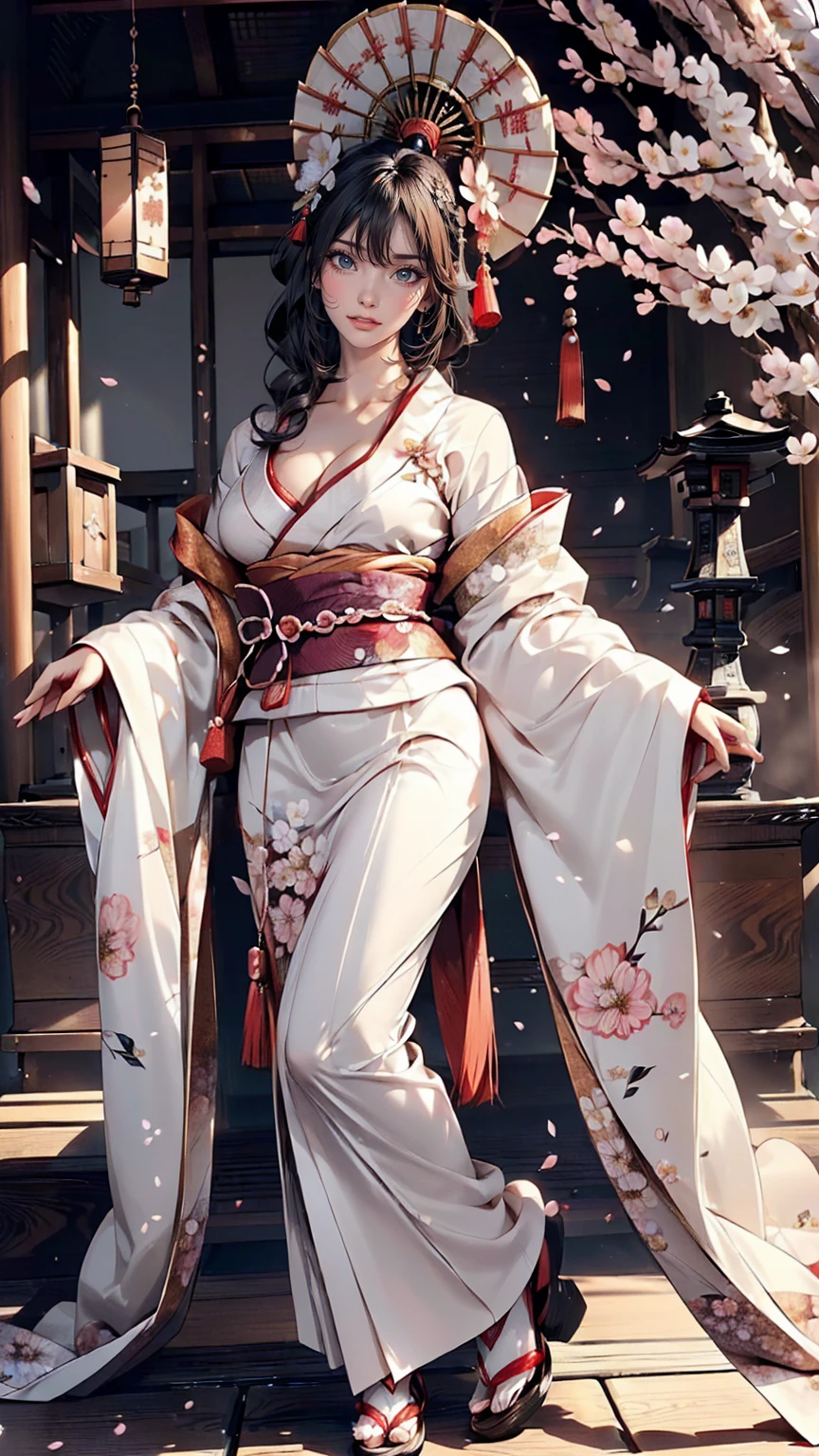 (((Full body angle:1.5)))、(((Beautiful posture full body photo)))、Takageta、White tabi、Anime Style、(((Takagetaで歩く芸者:1.5)))、(((Beautiful appearance)))、A woman in her 40s wearing a kimono with a beautiful flower hair ornament, Geisha Makeup, Portrait of a Geisha画, Geisha Makeup, Cute face、Thin eyebrows、Portrait of a Geisha, Beautiful geisha, Japanese Geisha, Glamorous and sexy geisha, Beautiful geishaの肖像画画, Portrait of a Geisha, Geisha hairstyle, remarkable Geisha Makeup、Cleavage Emphasis、Sexy