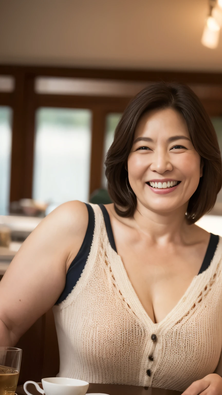 8k wallpaper, masterpiece, Highest quality, Super detailed, One Mature Woman, 50 years old, Become very clear, Wearing a short-sleeved knit, Skin dents, Captivating smile, Looking at the audience, Cleavage, plump, Curvaceous, Fascinating face, Smiling with teeth showing, I was happy, Sitting in a cafe, Background Blur