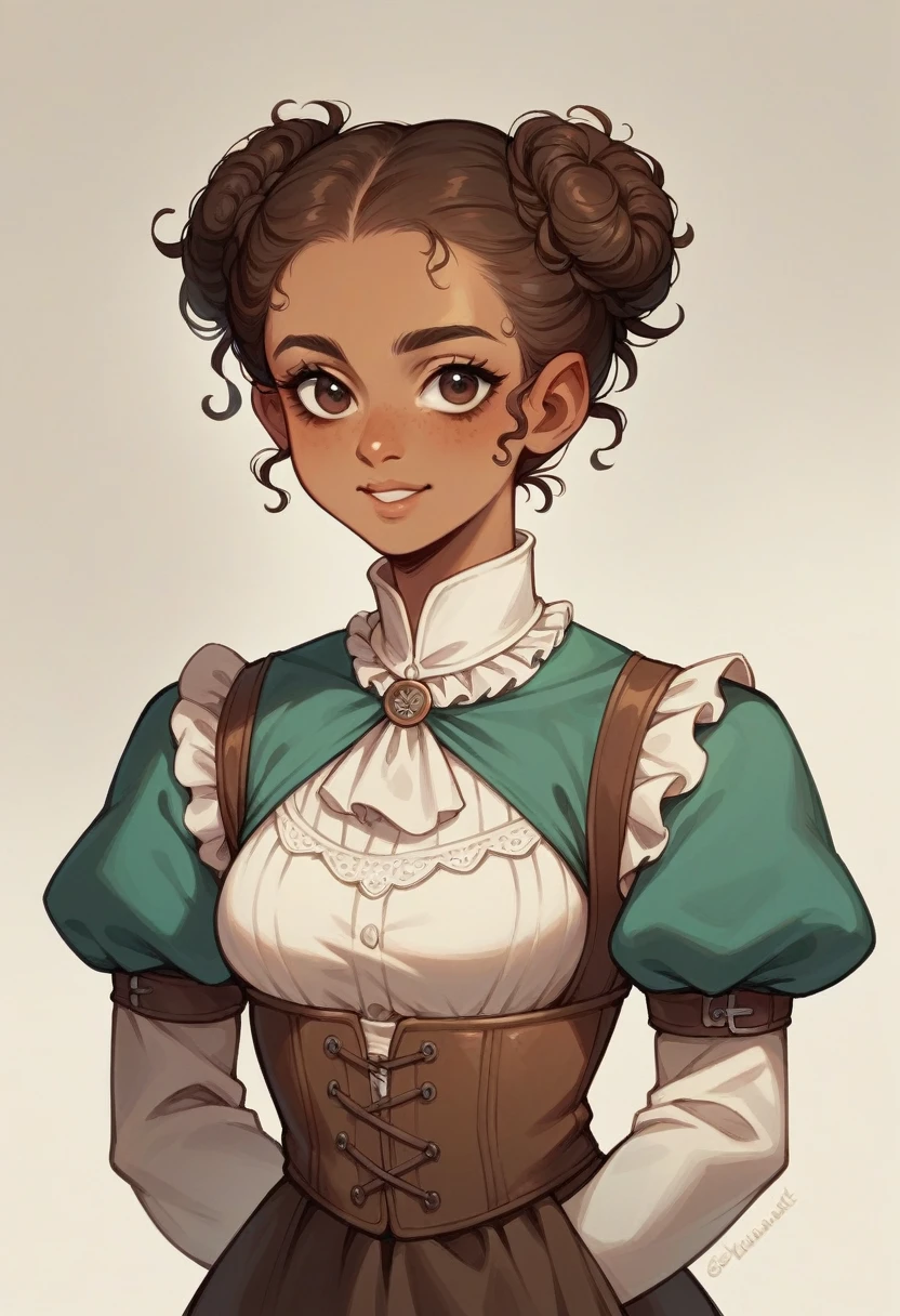 Make me a picture of a young girl with tanned skin, sweet brown eyes slightly full mouth. She has curly hair and a sweet smile, her hair is tied in a bun and she wears medieval clothes.