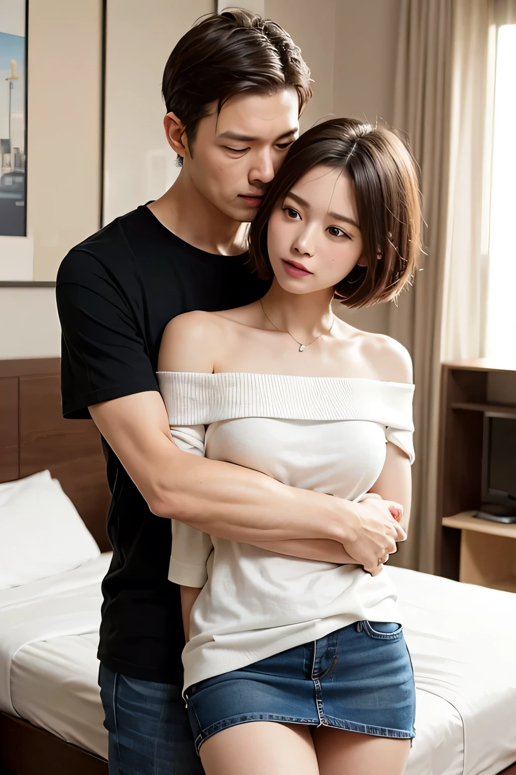 masterpiece,Highest quality,Advanced Details,1 male,1 female,((Hotel Bedroom:1.4))、((Japan woman with short cut hair:1.4)),((A woman wearing a white short-sleeved off-the-shoulder cotton shirt and a denim miniskirt:1.4)),Japanese middle-aged 1 male,Black Haired Man,A man in a white dress shirt is very handsome,((Man hugging woman'head:1.4)),The Woman is short,The man is tall,Reflects the height difference between men and women,The Woman'Height is 160cm.,The man is 175cm tall..,Man touching woman's head:1.7、((They are standing in an empty room:1.5))、Women play a leading role、Women are skinny,Small breasted women、