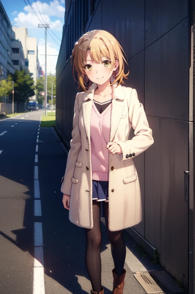 Irohaisshiki, isshiki iroha, short hair, Brown Hair, (Brown eyes:1.5), happy smile, smile, Close your mouth,blush,Pink oversized coat,V-neck shirt,mini skirt,Black pantyhose,short boots,Leaning against the wall,Hiding under a roof,rain,cloudy,whole bodyがイラストに入るように,
break outdoors, Building district,
break looking at viewer,whole body,
break (masterpiece:1.2), Highest quality, High resolution, unity 8k wallpaper, (figure:0.8), (Beautiful attention to detail:1.6), Highly detailed face, Perfect lighting, Highly detailed CG, (Perfect hands, Perfect Anatomy),