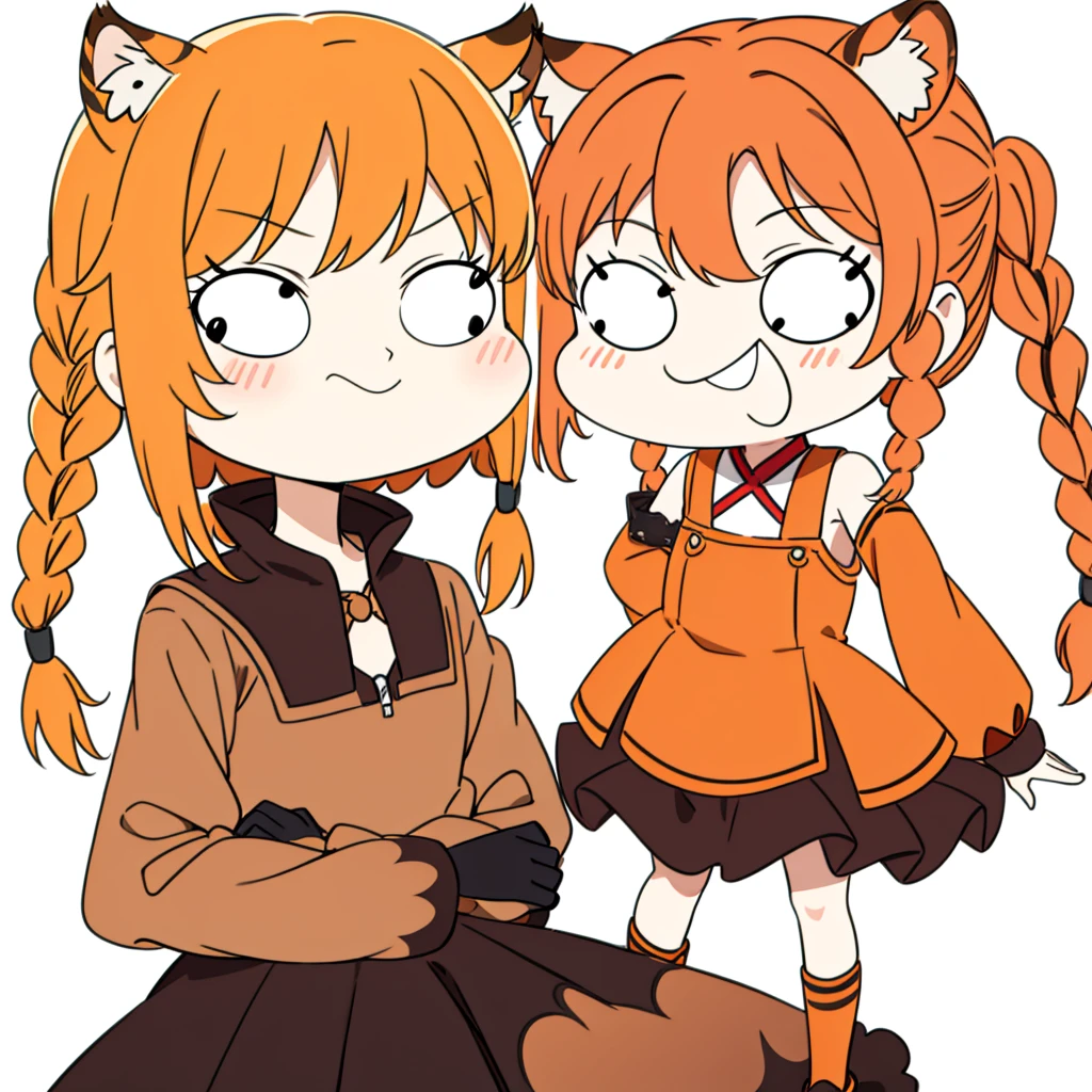 1girl,20 years old,tiger ears,long hair,(twin braids),orange hair,white background,open mouth,sketch,chibi,blush,