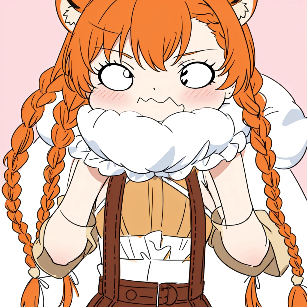 1girl,20 years old,tiger ears,long hair,(twin braids),orange hair,white background,open mouth,sketch,chibi,blush,