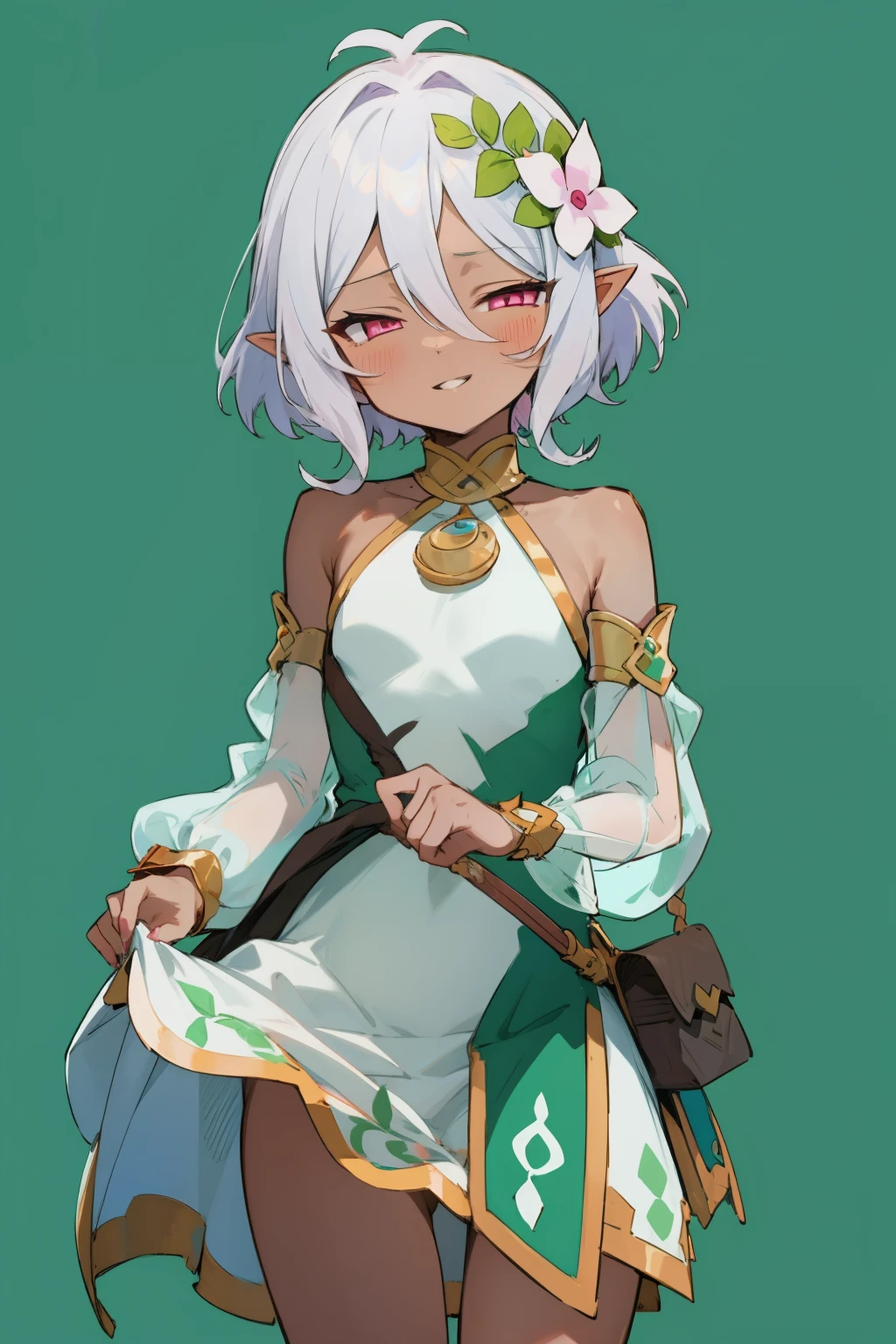 masterpiece, best quality, ultra-detailed, 1girl(kokkoro, white dress, detached sleeves, dark skin, pink eyes, half-closed eyes) , evil face, smirk, parted lips, solo, standing, skirt lift