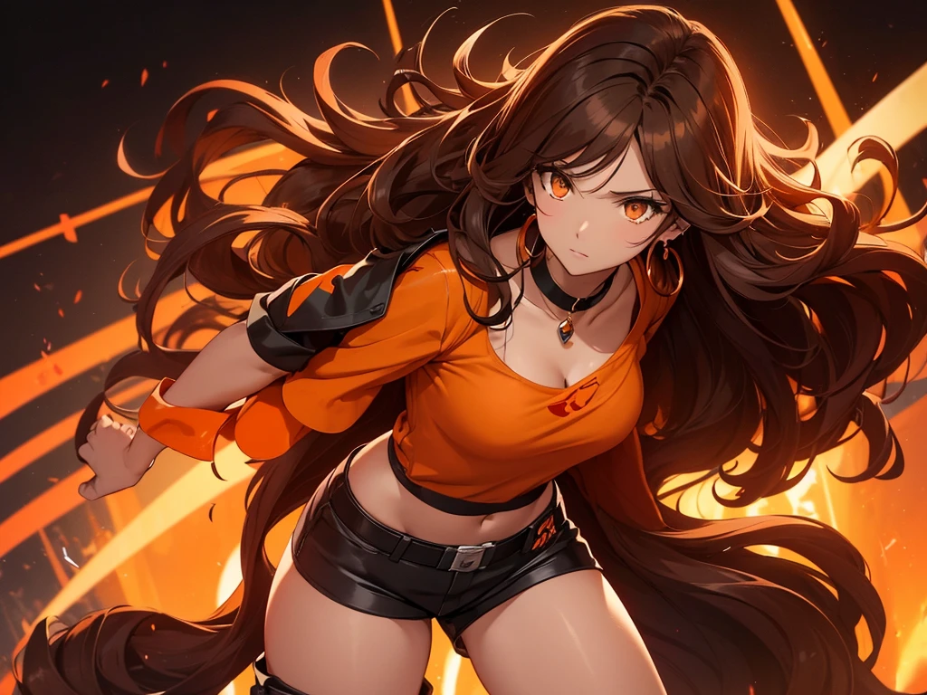 Kizi, long voluminous and messy dark brown curly hair with orange details, voluptuous, honey-colored eyes, black choker necklace, orange earring, light brown cropped top blouse, shorts above the waist dark brown, dark brown boots, RWBY style, realisitic, dark backdrop with orange symbols, high qualiy, detailded, fighting position.