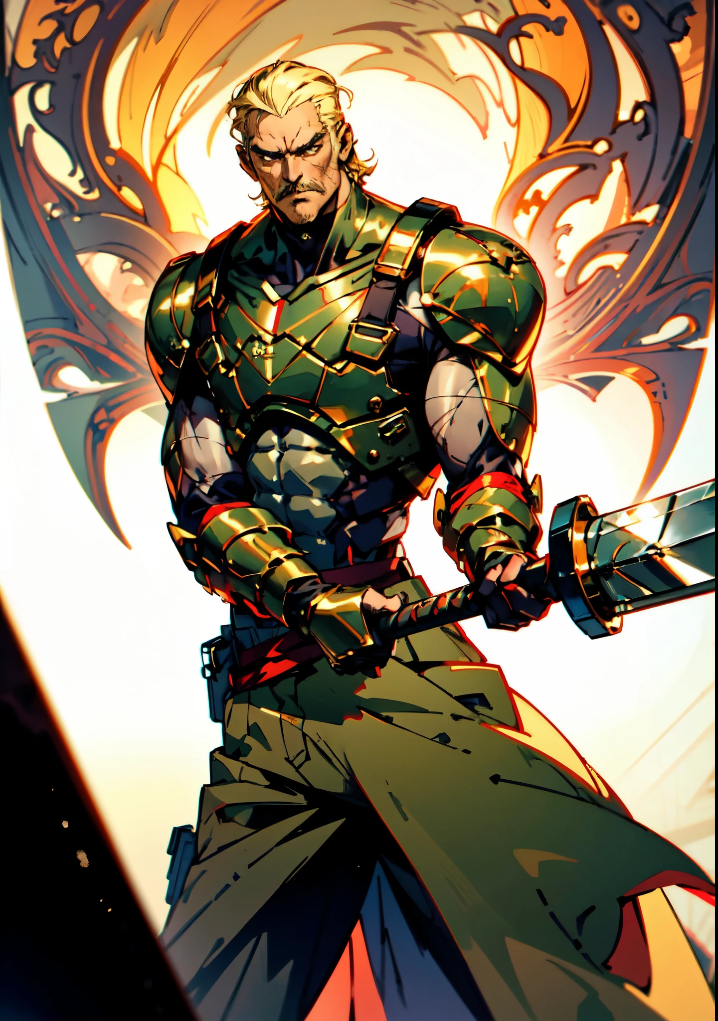 (masterpiece:1.2, best quality, extremely delicate, perspective, foreshortening, dynamic angle), a middle-aged man with slicked-back golden hair, a dignified face, deep eyes, a mustache on his upper lip, a focused expression, tall and muscular, covered in scars, fantasy-reality style warrior leather armor, ribbons tied around his arms, black iron bracers, dark cargo pants, holds a long-handled greatsword with both hands, standing guard in front of a fortress gate, this character embodies a finely crafted fantasy-realist style warrior in anime style, exquisite and mature manga art style, dramatic, high definition, highres, ultra-detailed, ultra-fine painting, professional, perfect body proportions, golden ratio, anatomically correct, symmetrical face, extremely detailed eyes and face, high quality eyes, creativity, RAW photo, UHD, 32k, Natural light, cinematic lighting, masterpiece-anatomy-perfect