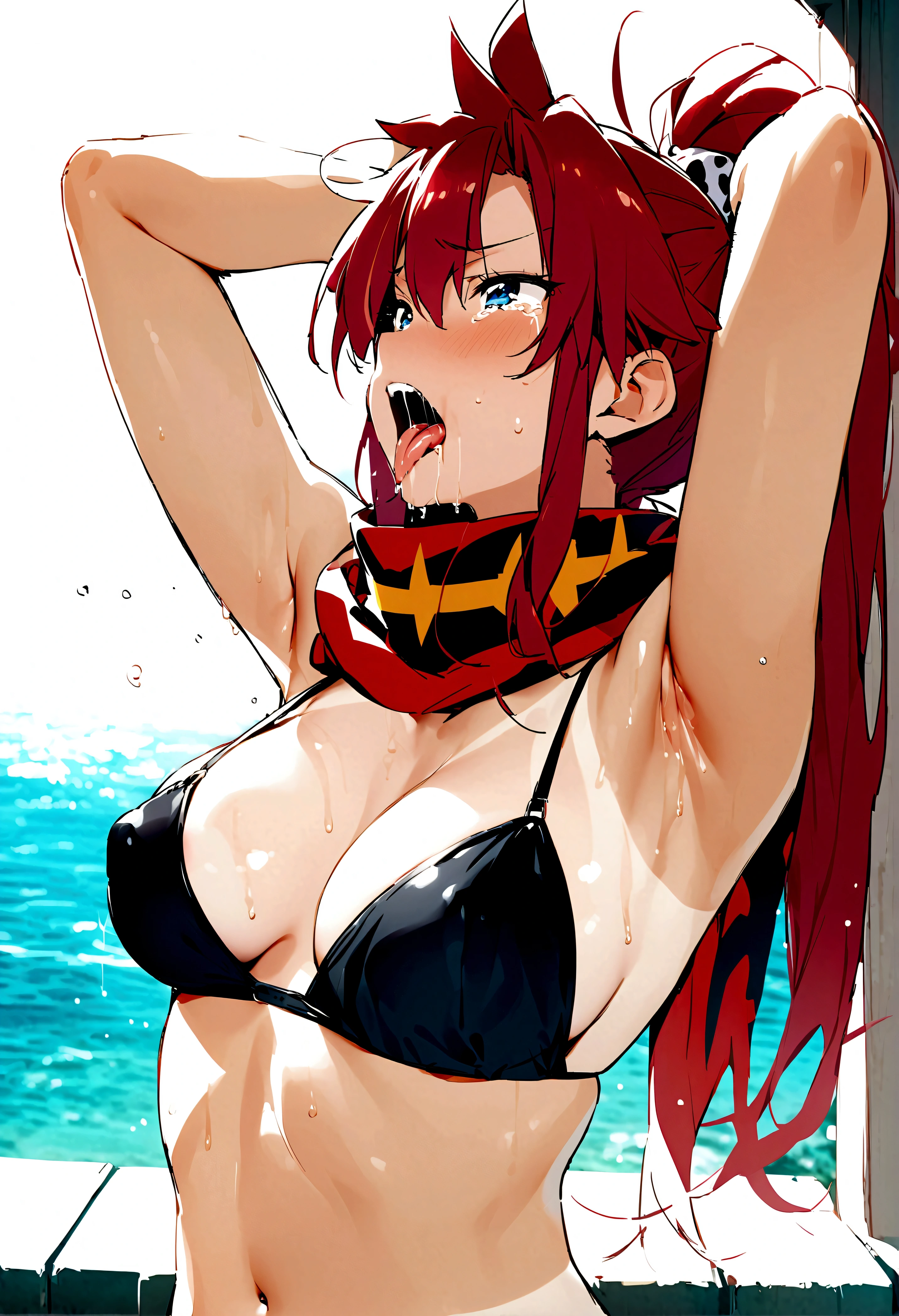 yoko littner, by kaisen chuui, tsukiyo \(skymint\), by masami chie, tengen toppa gurren lagann, solo, 1girl, upper body, BREAK
(head back:1.1), deepthroat, neck bulge, throat bulge, double dildo, holding sex toy, arms up, tears, drooling, saliva, tongue out, BREAK
pointy breasts, perky breasts, see-through silhouette, tanlines, black bikini, scarf, ponytail, BREAK
outdoors, backlighting, uncensored, rating_explicit, source_anime, score_9, score_8_up