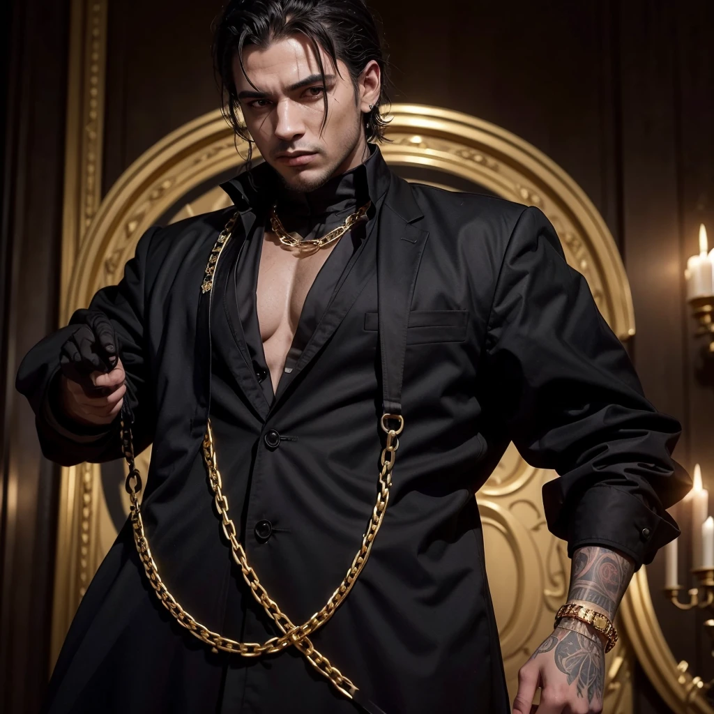 create an image of a mysterious man dressed in black, with gold chains and weapons, and on the front of the image written Mafia dos cheffinhas, in an elegant font written cheffinha mafia 