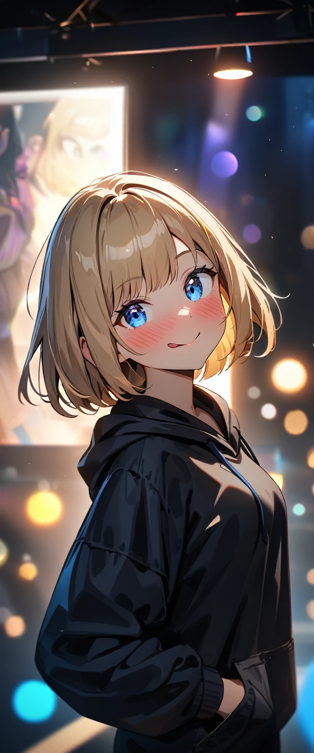 (((One girl))), blond hair, bob cut, (upper body), (looking at viewer), breasts, teenager, head tilt:1.3, (((blue eye))), (from side), hand in pocket, ((happy smile)), ((full face blush)), tongue out, black hoodie, black shorts, anime style, (best quality, 4k, 8k, highres, masterpiece:1.2, ultra-detailed, ultra-detailed eyes, HDR, UHD, studio lighting, ultra-fine painting, sharp focus, physically-based rendering, extreme detail description, professional, vivid colors, bokeh)