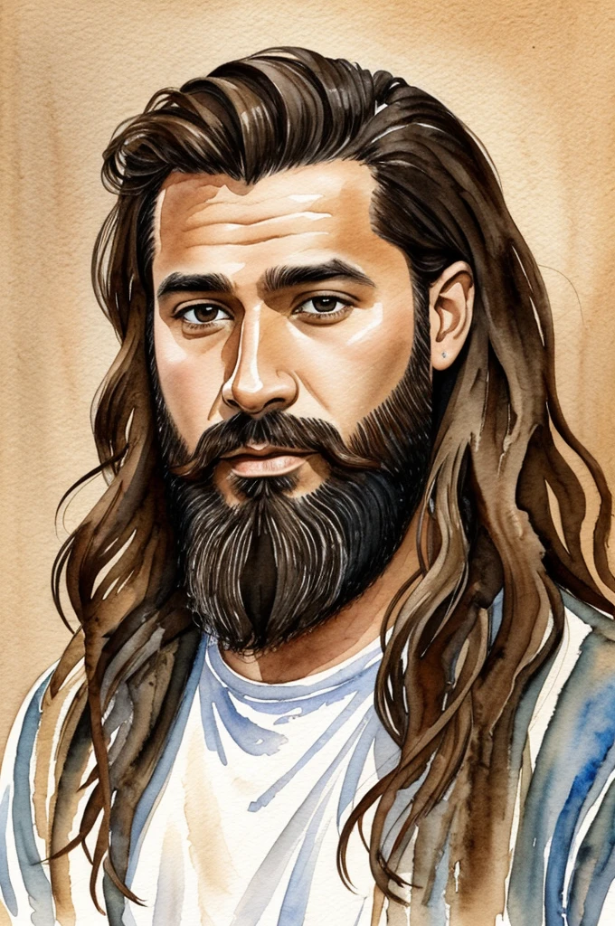 Watercolor painting of a 40 year old man, young man with beard, light skin color and long brown fringed hair, what are you writing