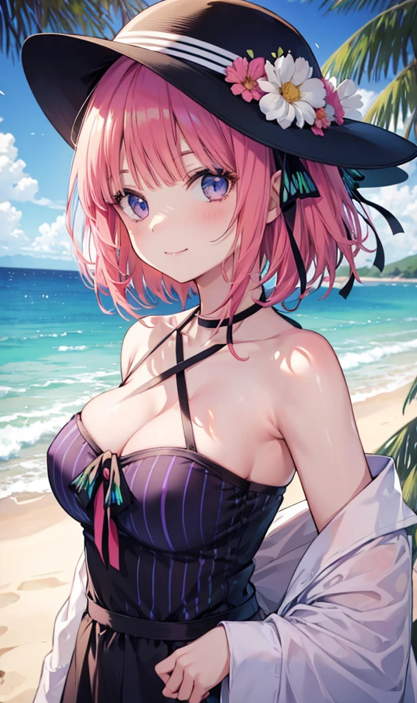 Nino Nakano is a character that appears in the anime "The Quintessential Quintuplets" 「The background is a sunny day at the sandy beach...」The eyes of this character are blue. My hairstyle is a bob cut with shockingpink color. This character is wearing a butterfly hair accessory. Please focus on this character. This character has a very lovely smile.high Quality. .. masterpiece,best quality,ultra detailed, My breast size is D cup. The background is a sunny day at the sandy beach. This character is wearing an off shoulder bikini. The off shoulder bikini has a pattern of purple and black stripes.
