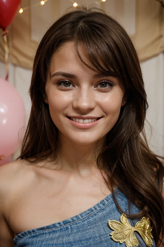 fille brune russe de 25 ans tres souriante qui fete son anniversaire par photographe