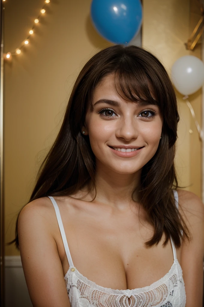 fille brune russe de 25 ans tres souriante qui fete son anniversaire par photographe 