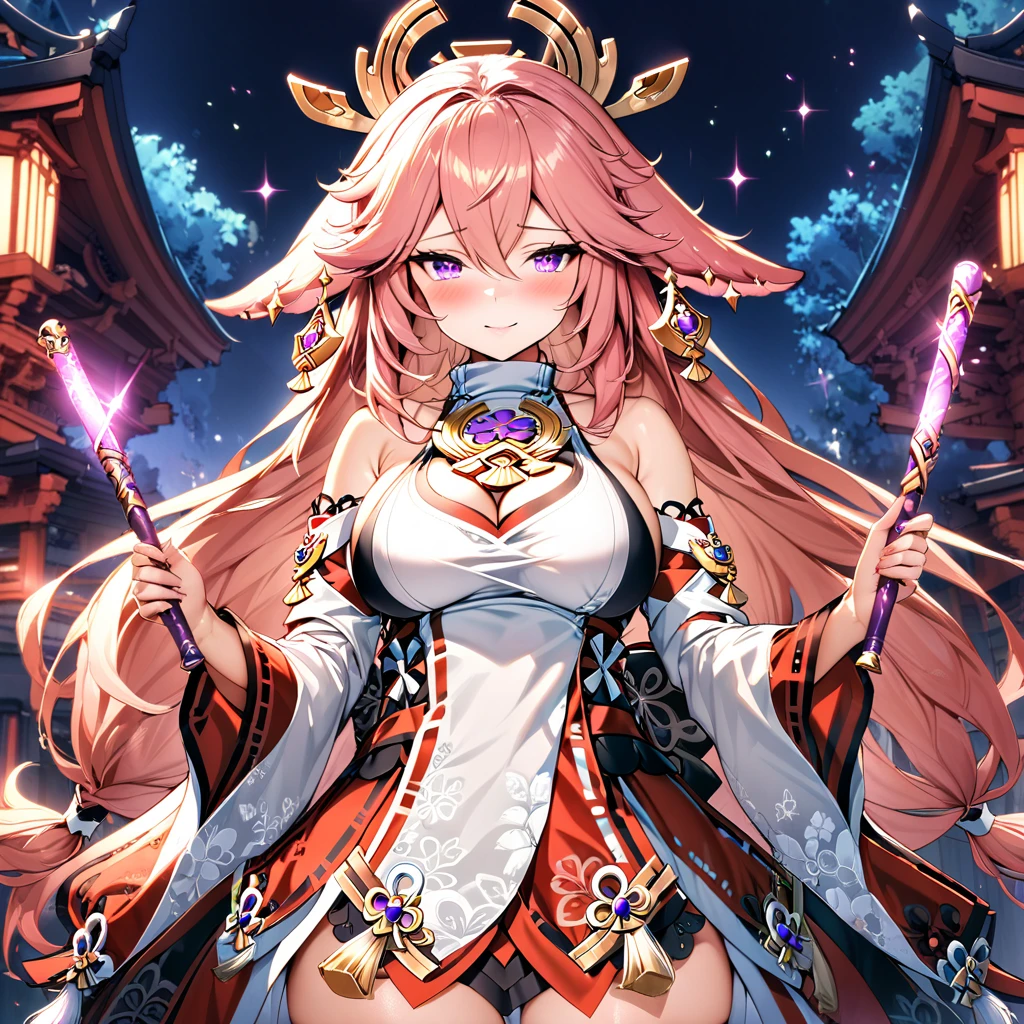 (masterpiece), best quality, expressive eyes, perfect face,1girl,yae miko,genshin impact,japanese shrine,sakura petals in the air,magic stick,holding,holding magic stick,shy smile,blush,cowboy shot,glowing eyes,big breasts,cleavage,long hair,strapless,bare shoulder,magical girl,frilled dress,frilled layered skirt,thighhigh stockings,studio lighting,(sparkle:0.9),(glitter:0.9)