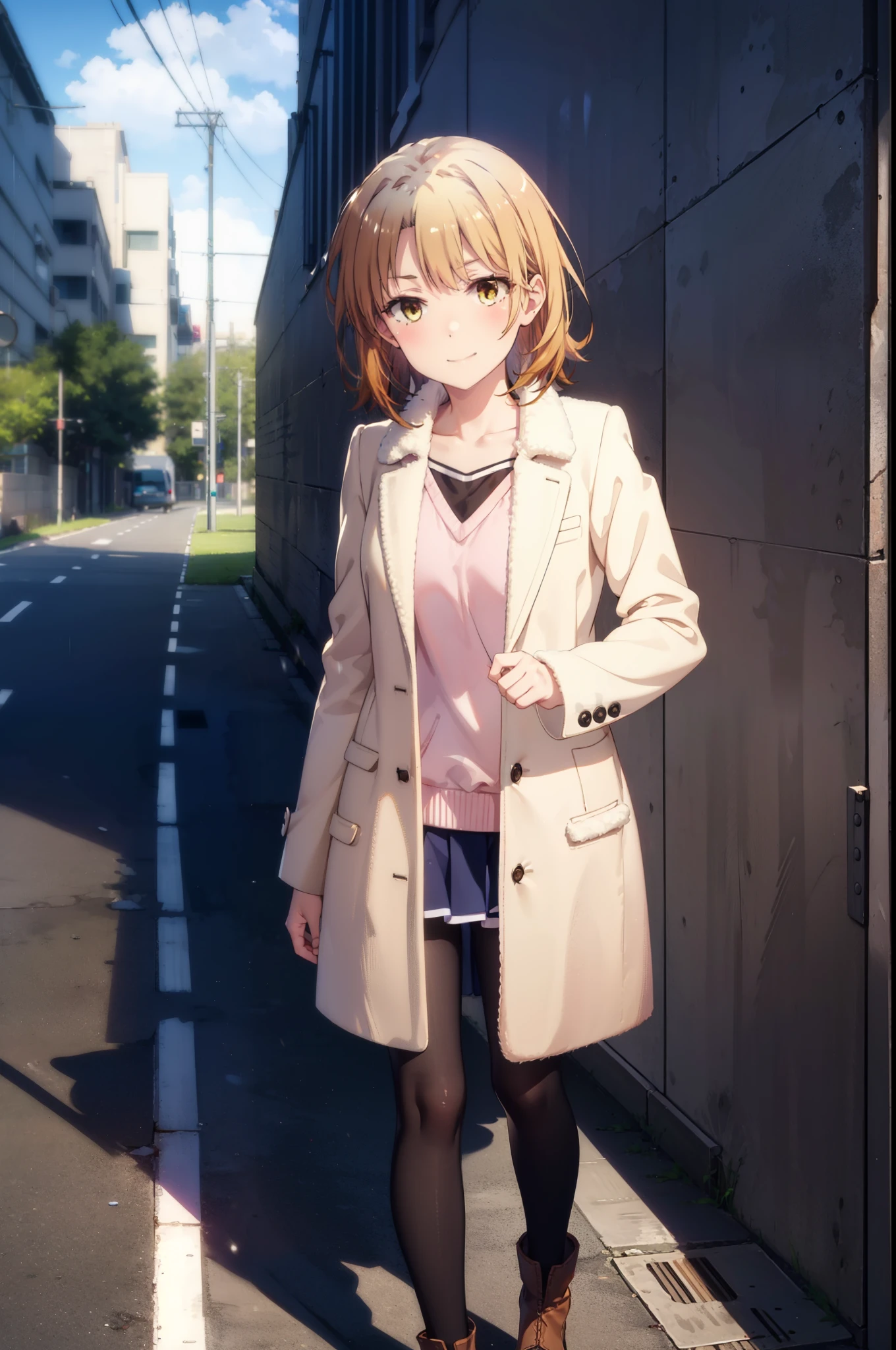 Irohaisshiki, isshiki iroha, short hair, Brown Hair, (Brown eyes:1.5), happy smile, smile, Close your mouth,blush,Pink oversized coat,V-neck shirt,mini skirt,Black pantyhose,short boots,Leaning against the wall,Hiding under a roof,rain,cloudy,whole bodyがイラストに入るように,
break outdoors, Building district,
break looking at viewer,whole body,
break (masterpiece:1.2), Highest quality, High resolution, unity 8k wallpaper, (figure:0.8), (Beautiful attention to detail:1.6), Highly detailed face, Perfect lighting, Highly detailed CG, (Perfect hands, Perfect Anatomy),