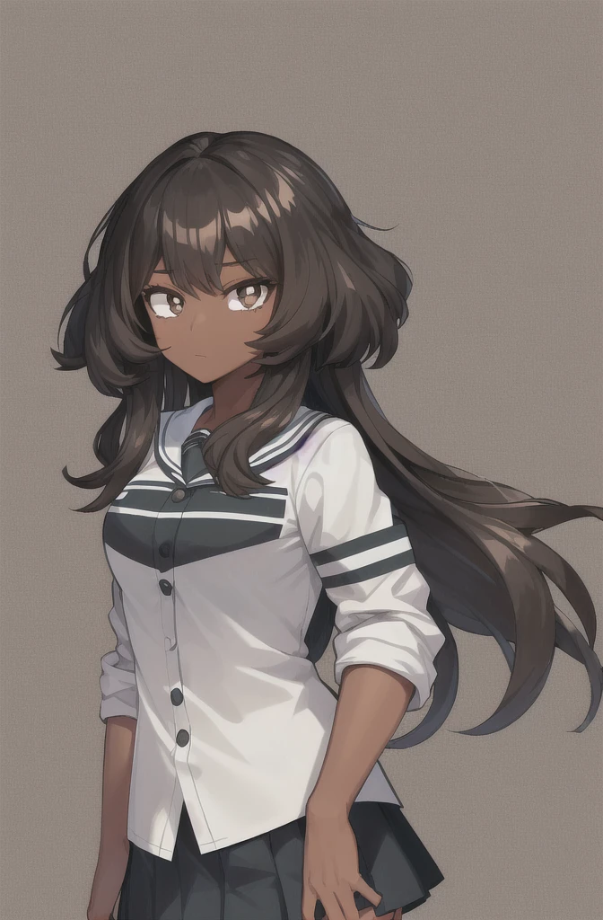 Horikoshi Kouhei, 1 girl, Dark skin, , high school clothes, dark brown hair, borroso background, Boku no hero academia, high resolution, Brown eyes, almond eyes, long hair, afro hair
