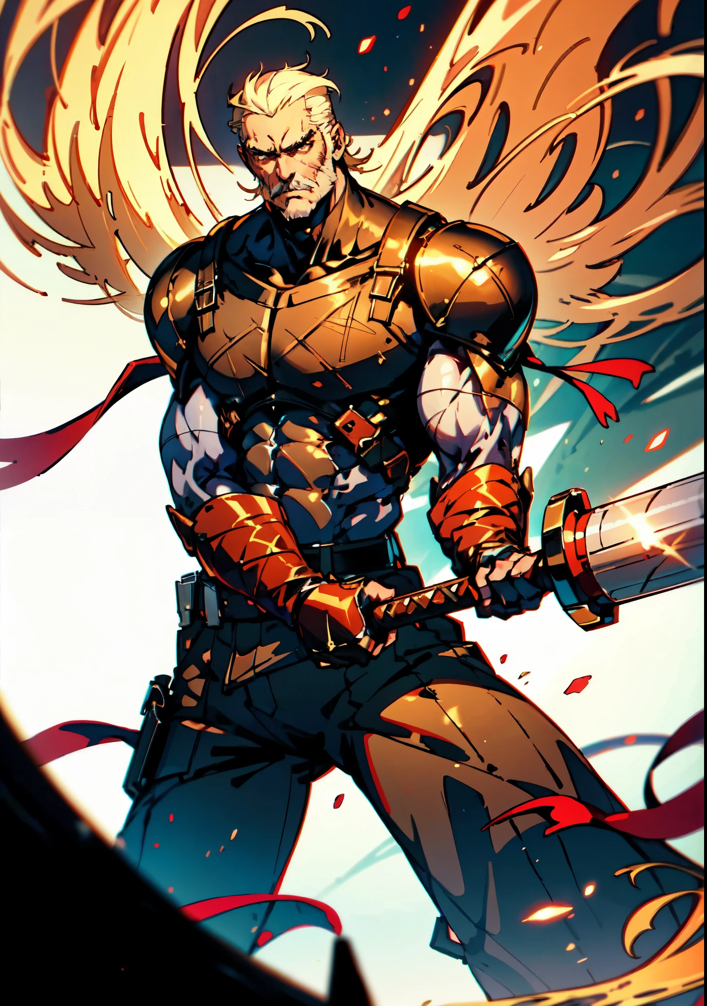 (masterpiece:1.2, best quality, extremely delicate, perspective, foreshortening, dynamic angle), a middle-aged man with slicked-back golden hair, a dignified face, deep eyes, a mustache on his upper lip, a focused expression, tall and muscular, covered in scars, fantasy-reality style warrior leather armor, ribbons tied around his arms, black iron bracers, dark cargo pants, holds a long-handled greatsword with both hands, standing guard in front of a fortress gate, this character embodies a finely crafted fantasy-realist style warrior in anime style, exquisite and mature manga art style, dramatic, high definition, highres, ultra-detailed, ultra-fine painting, professional, perfect body proportions, golden ratio, anatomically correct, symmetrical face, extremely detailed eyes and face, high quality eyes, creativity, RAW photo, UHD, 32k, Natural light, cinematic lighting, masterpiece-anatomy-perfect