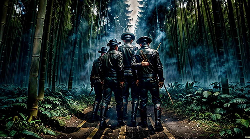 The Captain of the Forest -- closed leather jacket, long pants and hunter's boots, with a straw hat, he is wounded and is carried by the men who are his henchmen = one on the left side, the other on the right side - - a lot of smoke - he is carried by two henchmen - a lot of smoke - the captain of the forest carried by henchmen gets up from the ground - leaving the forest in the background a bamboo grove