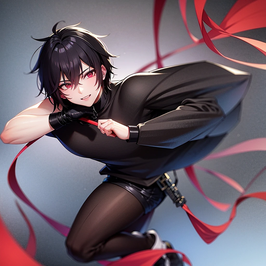 create a male anime character, 1.85 with a strong physical body and with a sword in the sheath, his clothes are just black pants and boots, he has crimson red eyes and black hair. (make a simple red background)