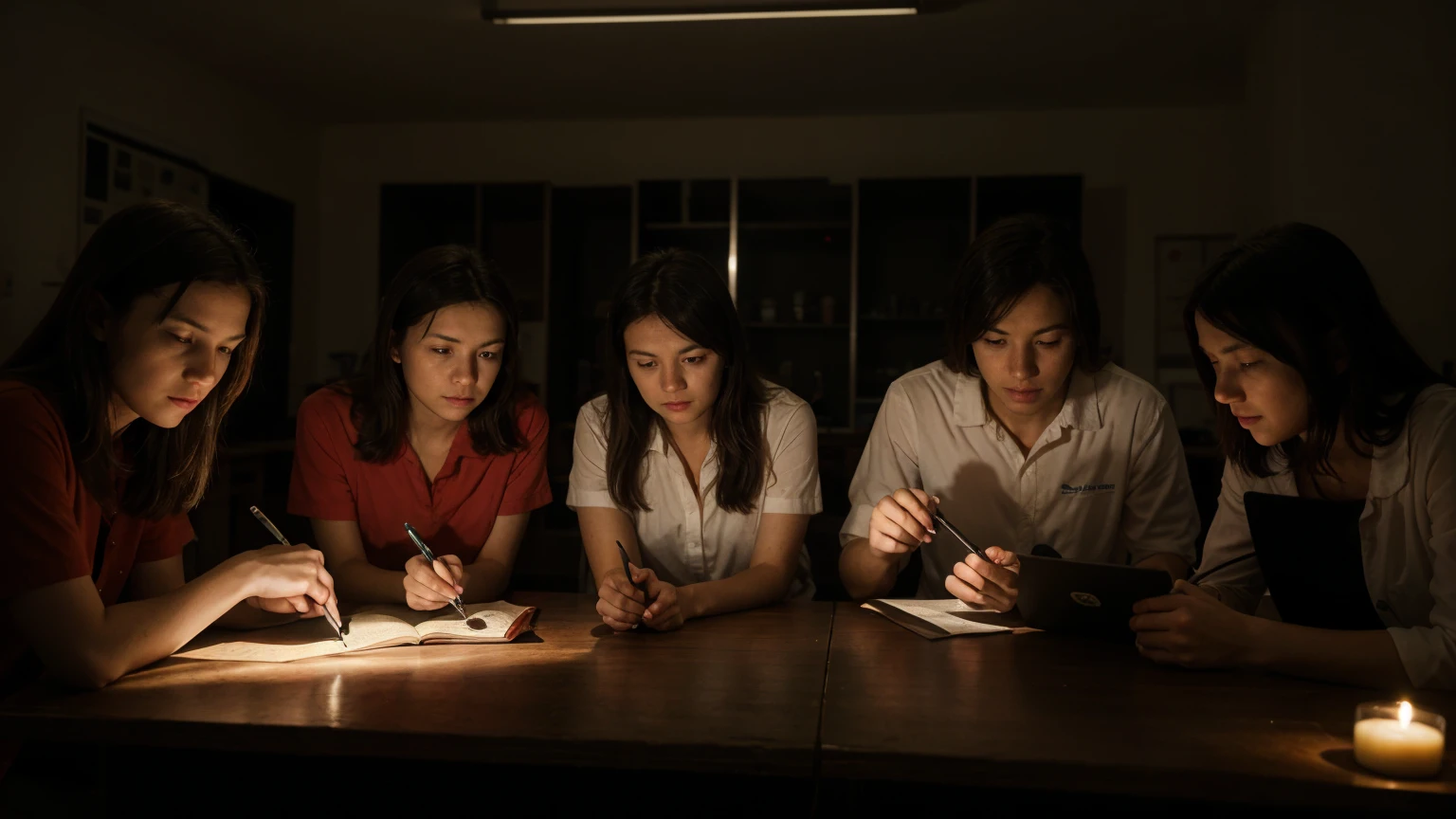 group of amateur researchers in a dark room