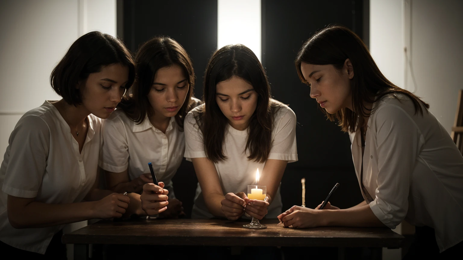 group of amateur researchers in a dark room