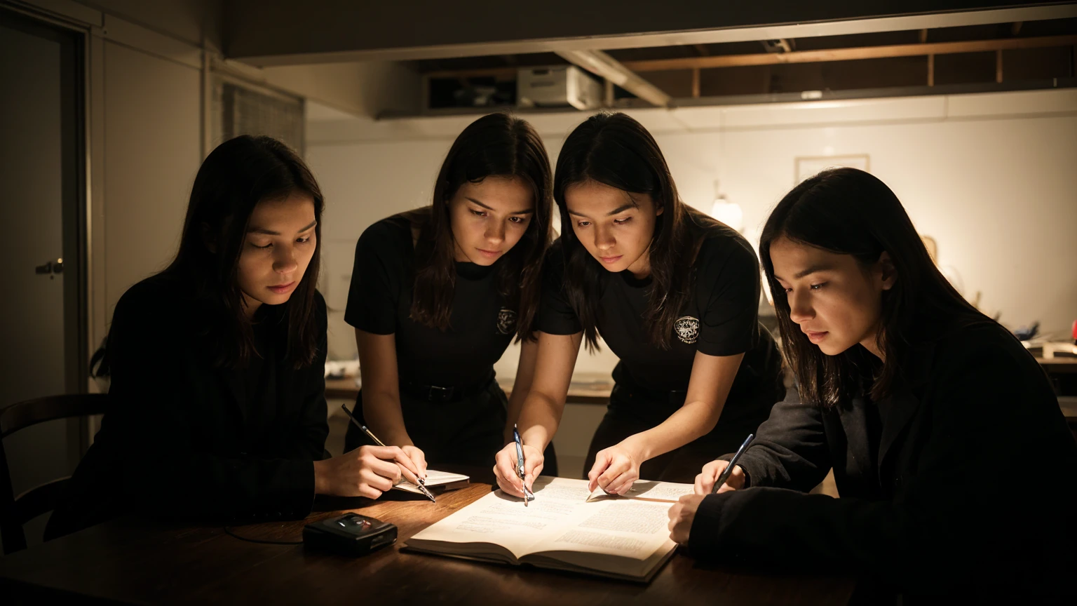 group of amateur researchers in a dark room