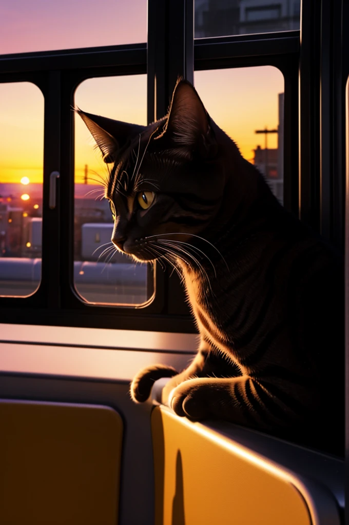 Cat noir from miraculous looking out window depressed look on face sunset background and on a bus