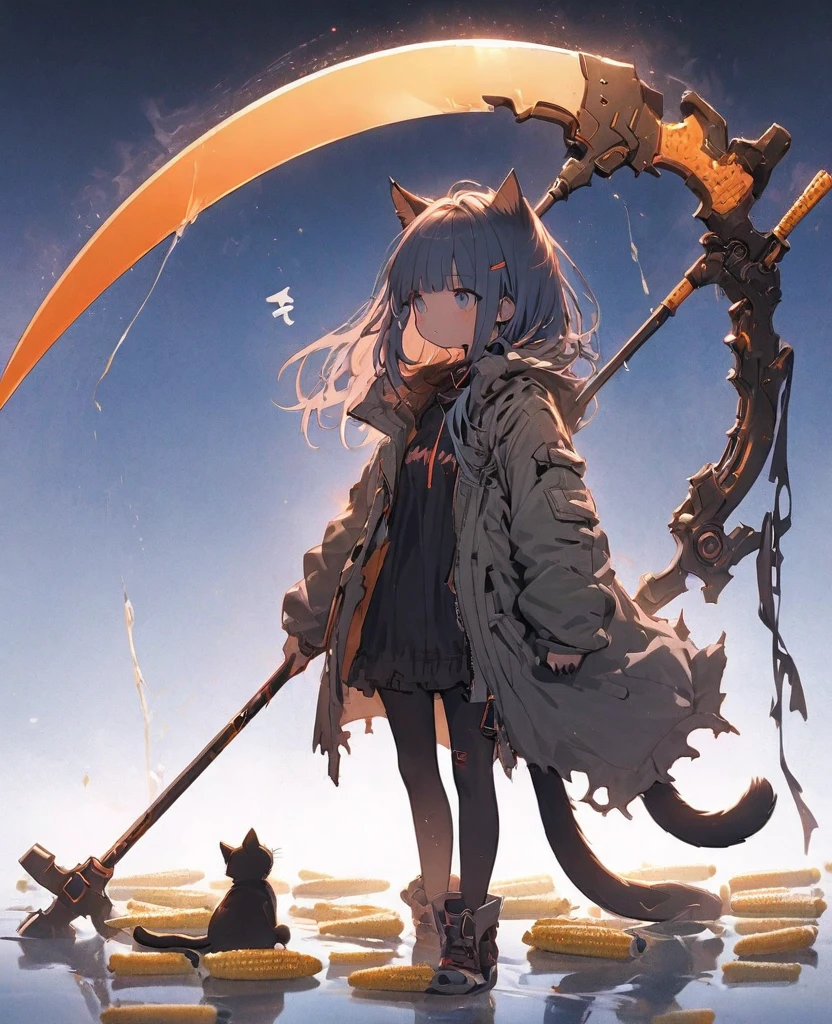 Detailed silhouette of a cyberpunk girl with cat ears and a tail, Flowing, Tattered coat, He carries a giant scythe with a mechanical cat design on it.., Stand on the glossy, Minimalist Reflective Surface, Soft Blue Background, Corn, Depth,