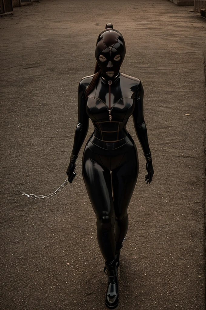 a solo female figure in a black latex suit, long brown hair, looking directly at the viewer, holding the end of a leash, dark-skinned, extremely detailed, photorealistic, 8k, high quality, cinematic lighting, dramatic contrast, moody atmosphere, iris, gothic, mysterious