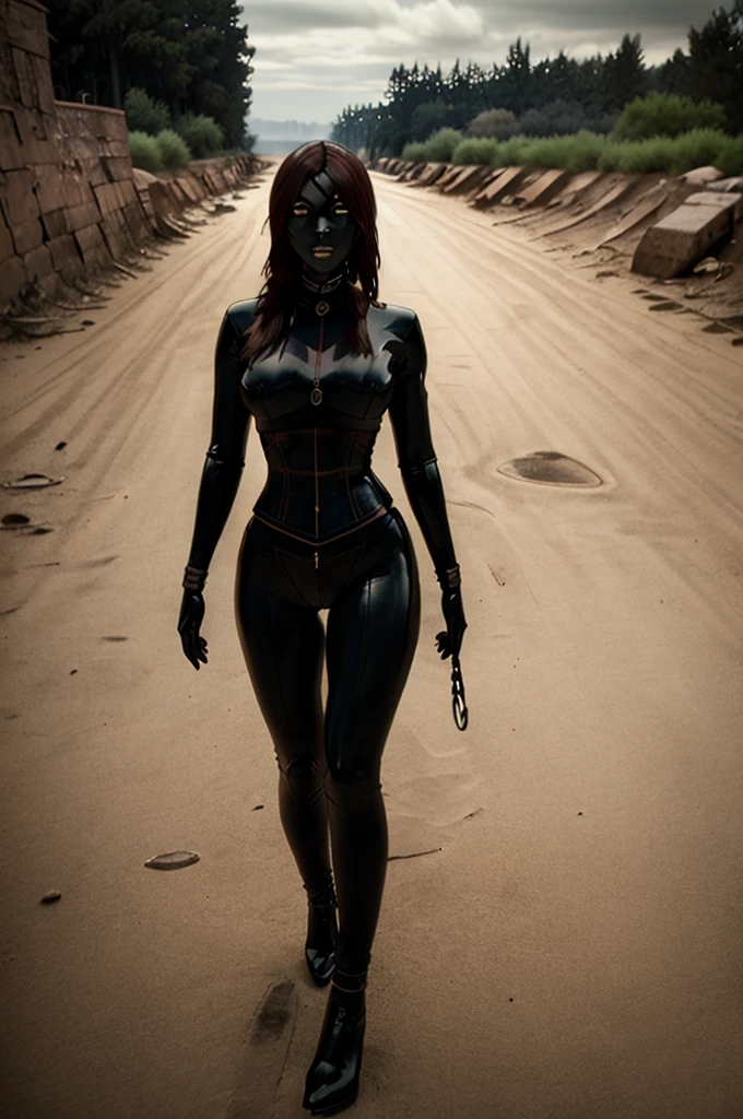 a solo female figure in a black latex suit, long brown hair, looking directly at the viewer, holding the end of a leash, dark-skinned, extremely detailed, photorealistic, 8k, high quality, cinematic lighting, dramatic contrast, moody atmosphere, iris, gothic, mysterious