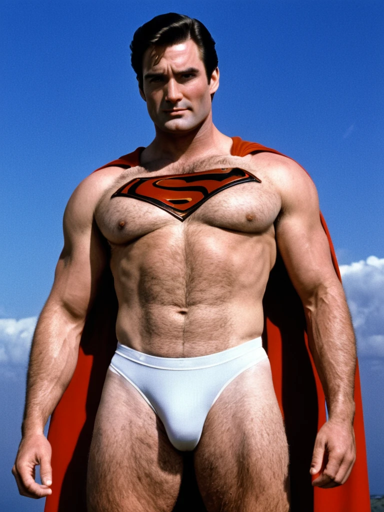 1970s, cold, cloudy sky, captured and roped 70-year-old naked Superman, in bulging white brief, very broad shoulders, very protruding chest, very thick neck, arms and thighs that have gained fat, no abs, no cape,Superman mark spread out to the sides,hairy body with some white body hair,captured and standing on a cliff