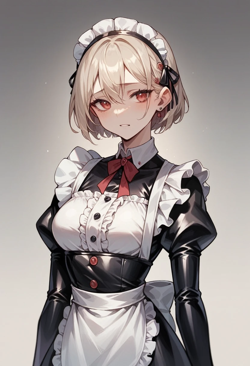 A woman wearing a rubber maid outfit that stretches from her neck to her chest　Invisible skin design　Designed to cover the chest and neck　Frilled shirt