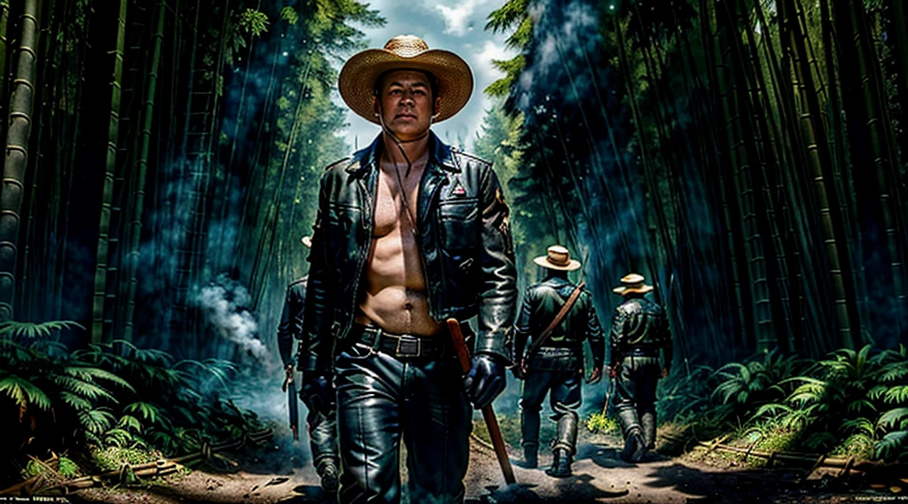 The Captain of the Forest -- closed leather jacket, long pants and hunter's boots, with a straw hat, he is wounded and is carried by the men who are his henchmen = one on the left side, the other on the right side - - a lot of smoke - he is carried by two henchmen - a lot of smoke - the captain of the forest carried by henchmen gets up from the ground - leaving the forest in the background a bamboo grove