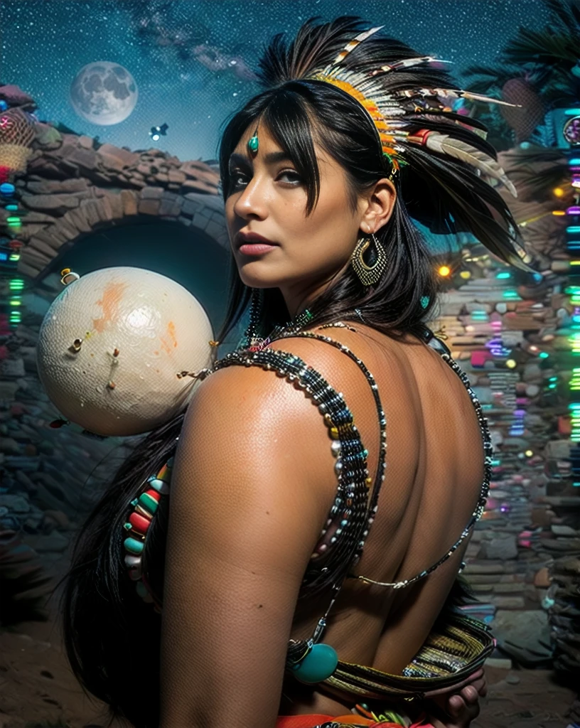 Beautiful Cherokee Indian woman with beautiful terracotta colored headdresses, blackw, doradas, cobre, Pearl, white and beige, feathers made of bright neon of various colors, flares on camera, bokeh, full moon night