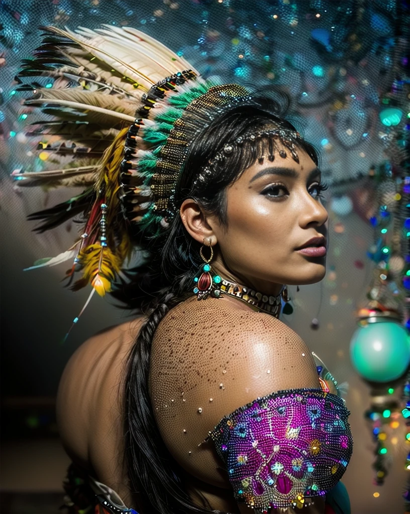 Beautiful Cherokee Indian woman with beautiful terracotta colored headdresses, blackw, doradas, cobre, Pearl, white and beige, feathers made of bright neon of various colors, flares on camera, bokeh, full moon night