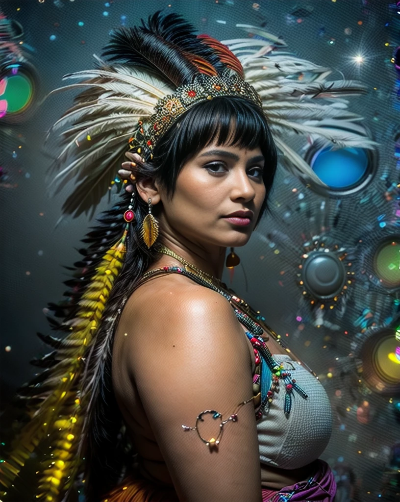 Beautiful Cherokee Indian woman with beautiful terracotta colored headdresses, blackw, doradas, cobre, Pearl, white and beige, feathers made of bright neon of various colors, flares on camera, bokeh, full moon night