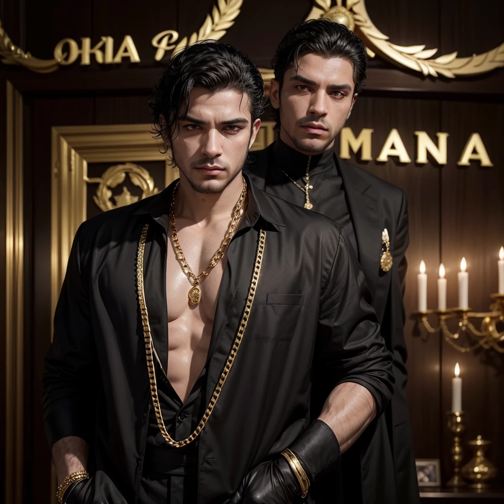 create an image of a mysterious man dressed in black, with gold chains and weapons, and on the front of the image written Mafia dos cheffinhas, in an elegant font written cheffinha mafia, in front of the image written MAFIA DOS CHEFFINHAS!! 