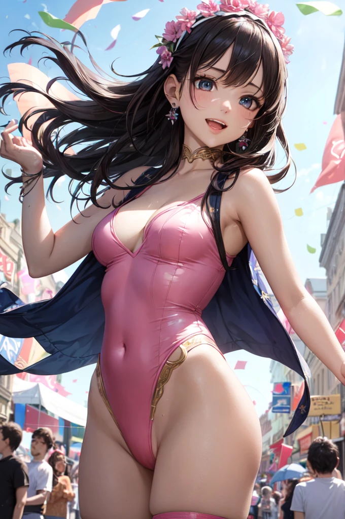 (8K, top-quality, masterpiece:1.2), (realisitic, Photorealsitic:1.37), highres,ultra-detailed,extremely detailed, very cute and beautiful girl, (highly detailed beautiful face and eyes), ultra-detailliert, Natural sunlight, 1 persons, 22 year old woman, detailed dark hair, hairband, earrings, at the time of performance, detailed eye, extremely detailed face and skin, (pink leotard:1.2), (laugh), festival in town street,(parade:1.2),(many people wearing pastel costume),flags,confetti in sky,outdoors,depth of field, cowboy shot,standing,dynamic pose, absurdres,
intricate details,cinematic scene,detailed background,solo,dynamic angle,hair fluttering in the wind,realistic,