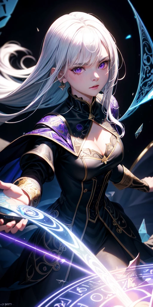 (masterpiece, best quality, ultra-detailed, best shadow), (detailed background,dark fantasy), (beautiful detailed face), high contrast, (best illumination, an extremely delicate and beautiful), ((cinematic light)), colorful, hyper detail, dramatic light, intricate details, (1girl, solo,white hair, sharp face,purple eyes, hair between eyes,dynamic angle), blood splatter, swirling black light around the character, depth of field,black light particles,(broken glass),magic circle,