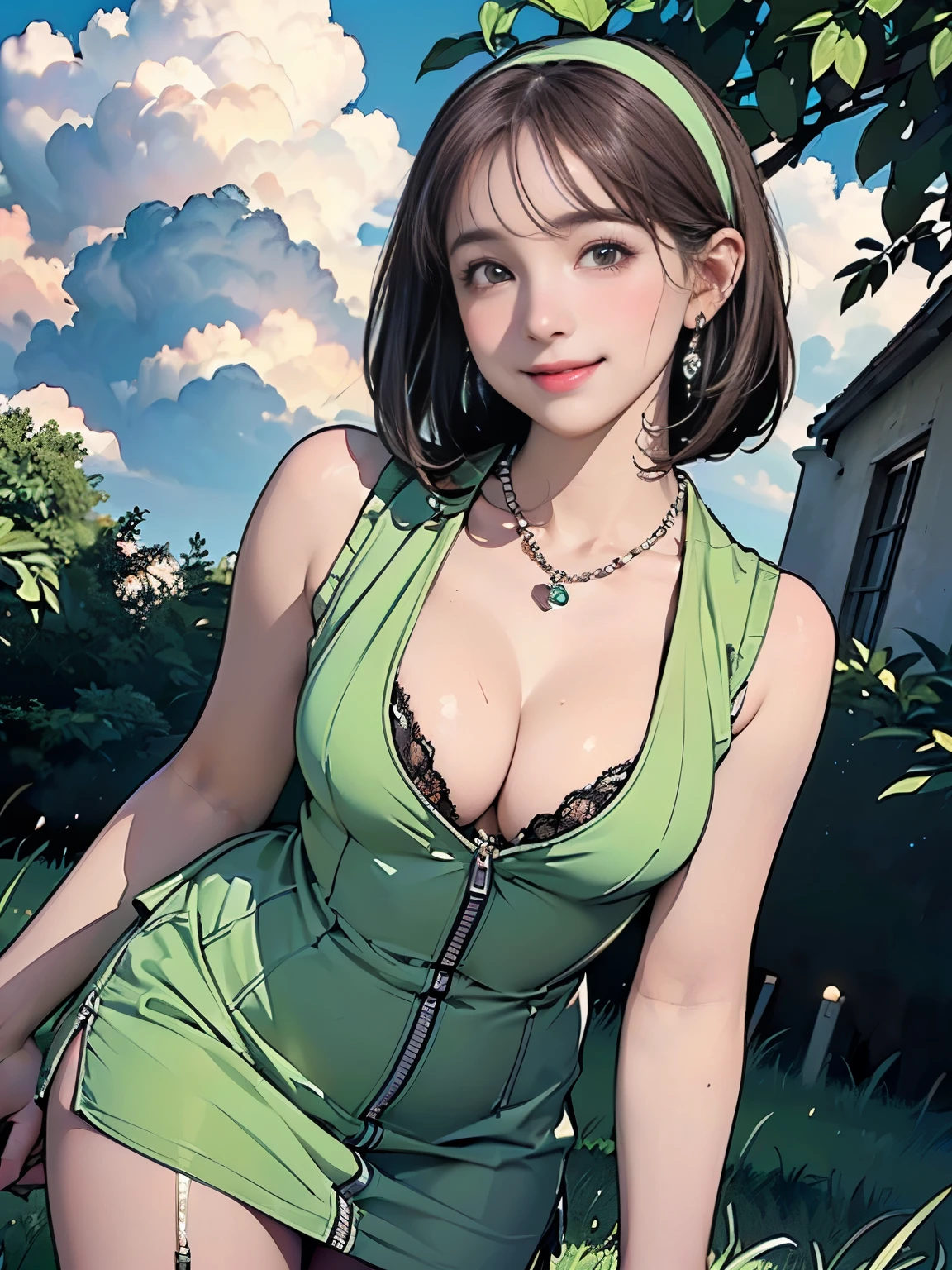 ((((Highest quality))))、(((Ultra-precision CG16K wallpaper)))、(((masterpiece)))、(((Super detailed)))、(((Extreme detail)))、((1Mature 29 year old woman:1.6))、((Very beautiful Japan face of a person))、((Urizane Face:1.8))、((Short bob straight hair:1.8))、(Shiny Hair)、A delicately drawn beautiful face、Dark Eyes、double eyelid、High nose、Small nostrils、Small Mouth、Seductive lips、Beautiful breasts、((C cup size breasts))、Cleavage、Small belly button、Beautiful feet、Thin thighs、eight-headed body、Perfect proportions、Perfect Anatomy、Perfect composition、Beautiful detailed shading、Beautiful, natural lighting、Beautiful detail glow、Depth of written boundary、(((High chroma)))、(((Real:1.9)))、((vivid:1.5))、((Beautiful Skin))、((Skin Texture))、((Realな皮膚感))、(((Cowboy Shot:1.6)))、(((front view、shoot from front、front low angle:1.6)))、(((smile:1.6)))、((looking at viewer:1.6))、Bright daylight、Natural light、(((Grass Square、Woodland、cloud:1.5)))、(Standing pose:1.6)、(((Light green zippered sleeveless mini dress:1.6)))、((hair band、necklace、Wearing earrings:1.5))、((Lace Stockings Clothed:1.3))、