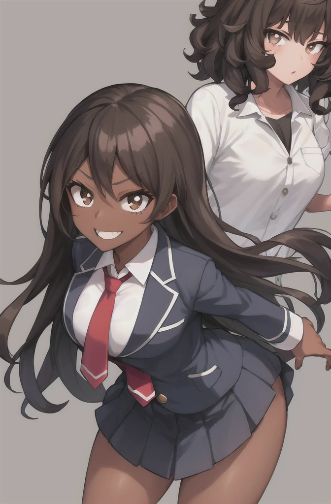 Horikoshi Kouhei, 1 girl, Dark skin, , high school clothes, dark brown hair, borroso background, Boku no hero academia, high resolution, Brown eyes, almond eyes, long hair, afro hair