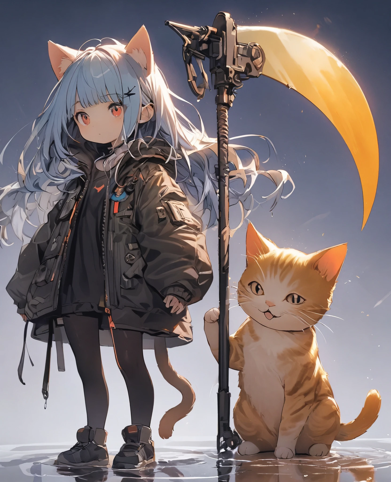 Detailed silhouette of a cyberpunk girl with cat ears and a tail, Flowing, Tattered coat, He carries a giant scythe with a mechanical cat design on it.., Stand on the glossy, Minimalist Reflective Surface, Soft Blue Background, Corn, Depth,