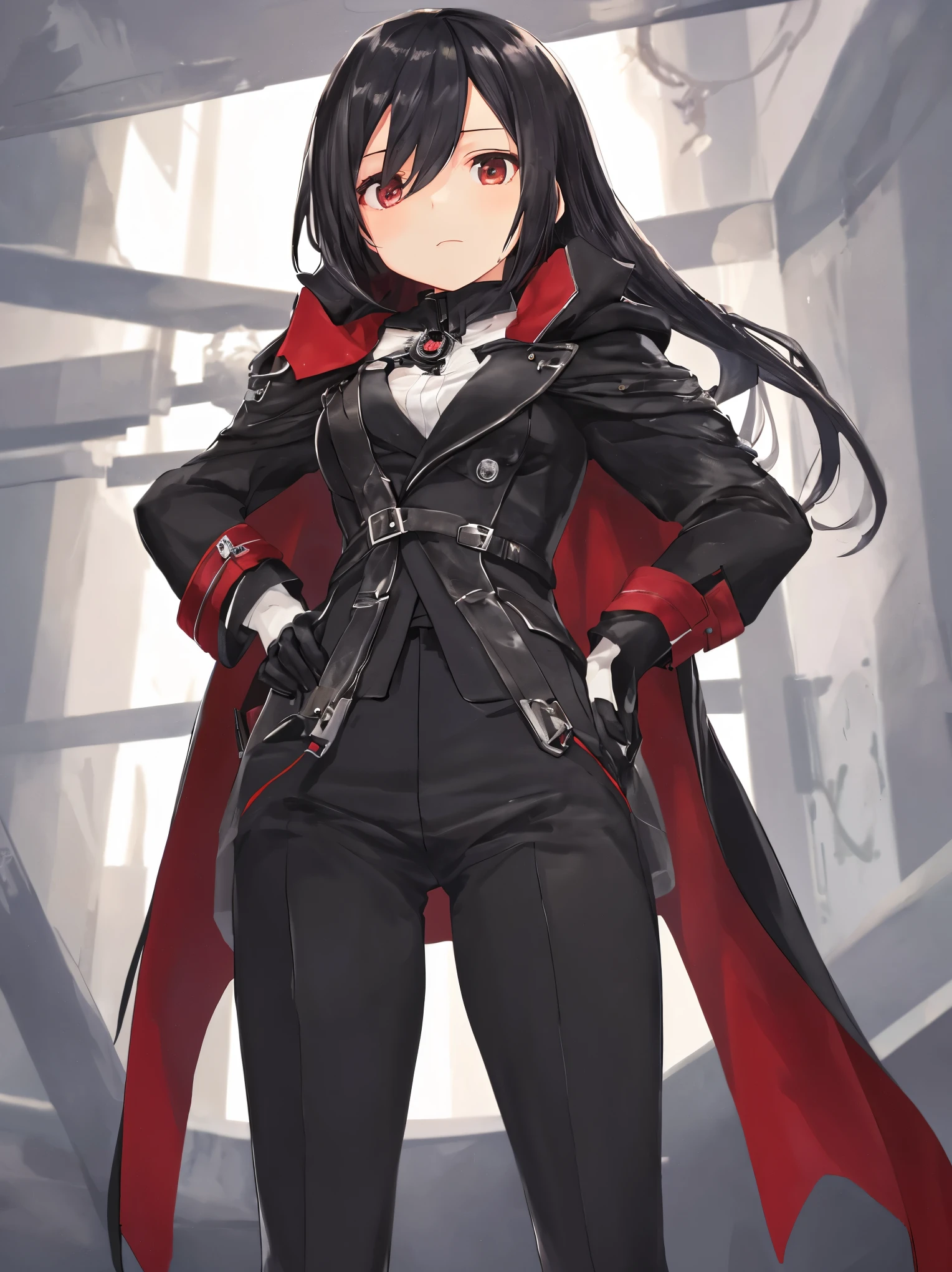 (masterpiece, best quality:1.2), from below, solo, 1girl, ozen, expressionless, closed mouth, looking at viewer, hands on hips, black jacket, cape, black pants, black gloves