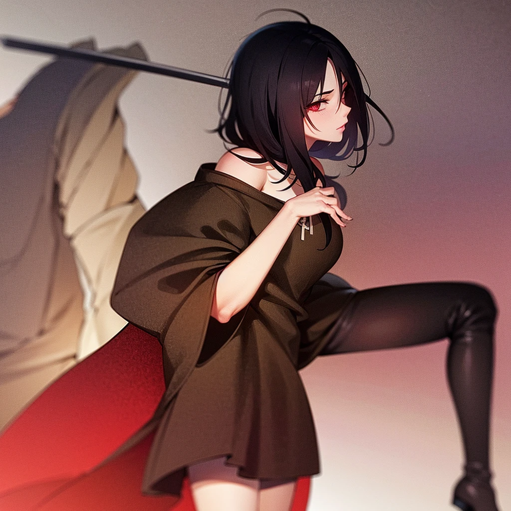 create a male anime character, 1.85 with a strong physical body and with a sword in the sheath, his clothes are just black pants and boots, he has crimson red eyes and black hair. (make a simple red background)