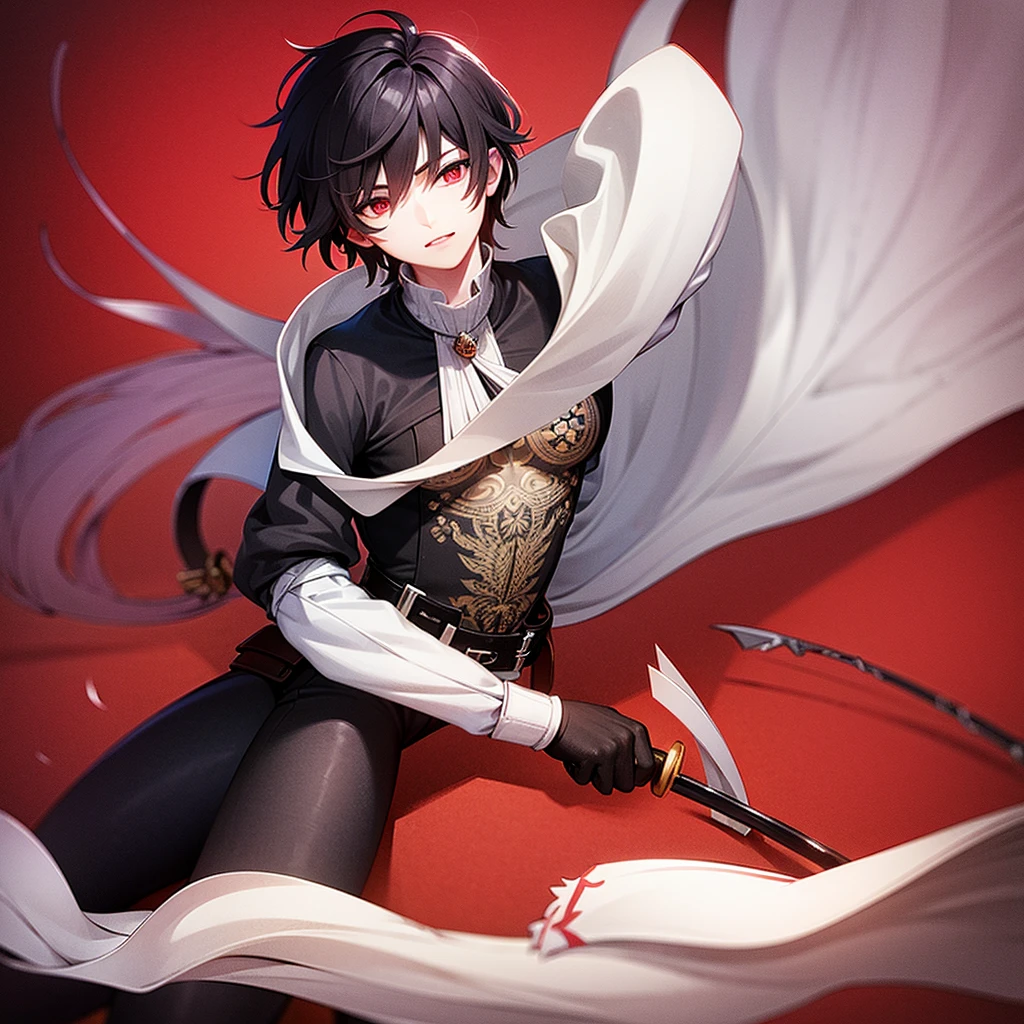 create a male anime character, 1.85 with a strong physical body and with a sword in the sheath, his clothes are just black pants and boots, he has crimson red eyes and black hair. (make a simple red background)